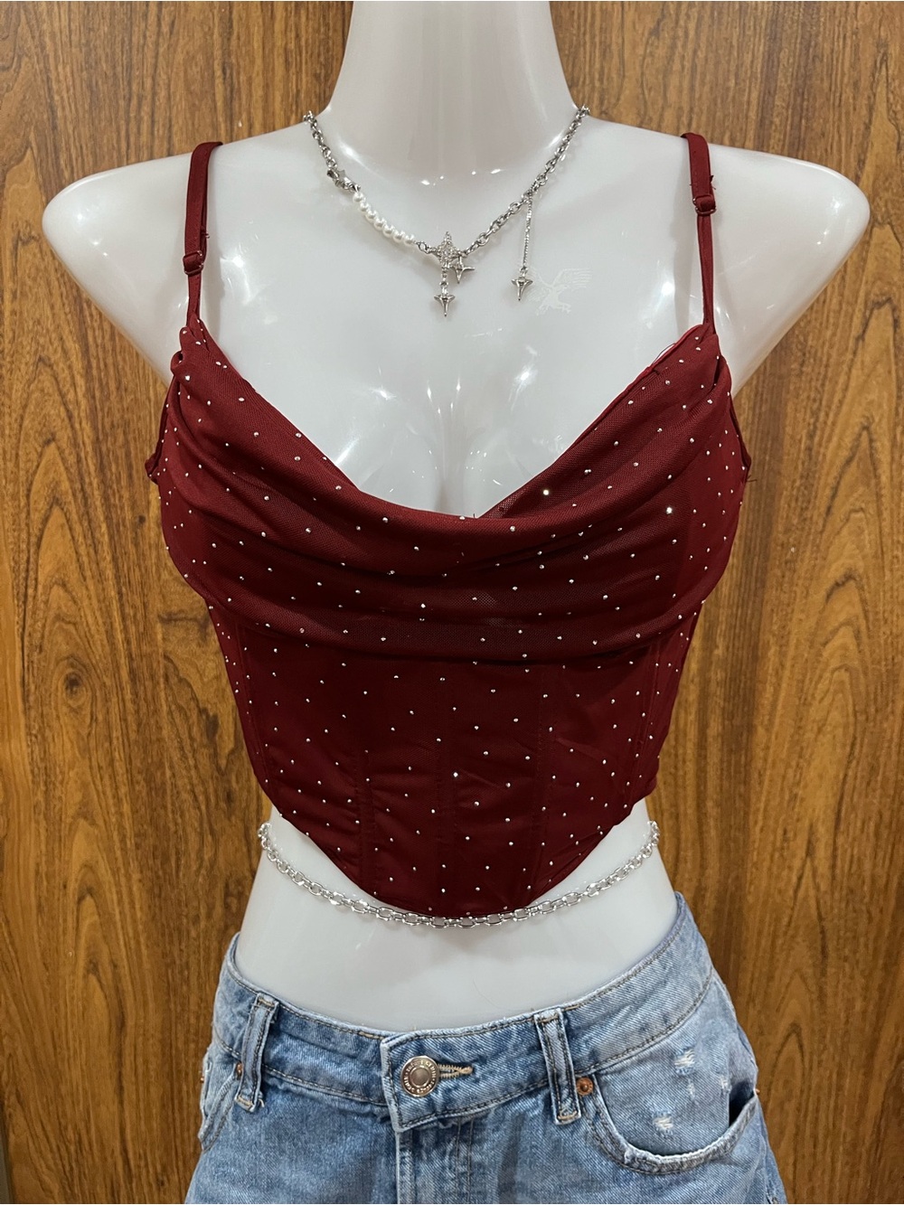 Forever 21 Burgundy Rhinestone Cowl Crop Camisole